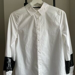 Zara White Cotton Button Down Shirt with Blue Sequins sleeve size XS